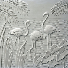 panneau mural décoratif en plâtre blanc motif flamants en bas-relief
