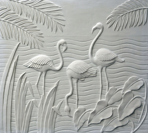 panneau mural décoratif en plâtre blanc motif flamants en bas-relief