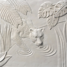 panneau mural décoratif en plâtre blanc motif léopard buvant de l'eau en bas-relief