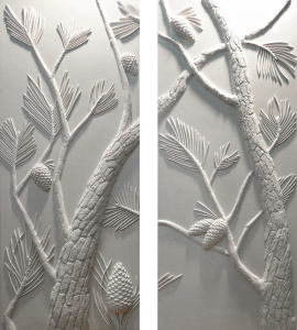 panneau mural décoratif en plâtre blanc motif pins maritimes diptyque en bas-relief