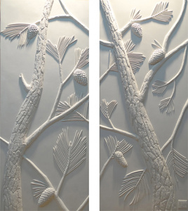 panneau mural décoratif en plâtre blanc motif pins maritimes2 diptyque en bas-relief