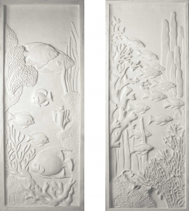 panneaux muraux sculptés motif poissons exotiques en plâtre