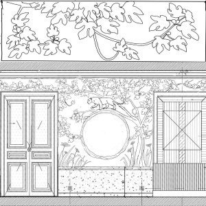dessin de la branche de figuier et intégration du dessin de la panthère sur la branche sur l'élévation de l'appartement parisien